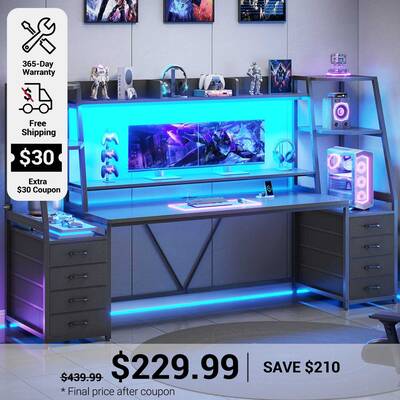 SEDETA ® 78.7 Inch Gaming Desk with LED Lights 8 Drawers and Storage Shelves Computer Desk with Monitor Stand Hutch Large PC...