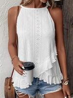 Women's Plain Eyelet Embroidery Ruffle Hem Wrap Tank Top, Casual Fitted Soft Round Neck Sleeveless Knit Top for Summer, Ladie...