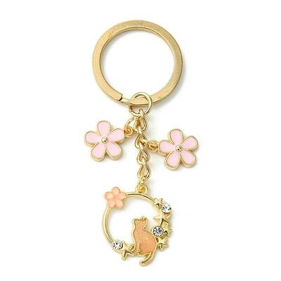 Cat & Flower Alloy Enamel with Rhinestone Keychain
