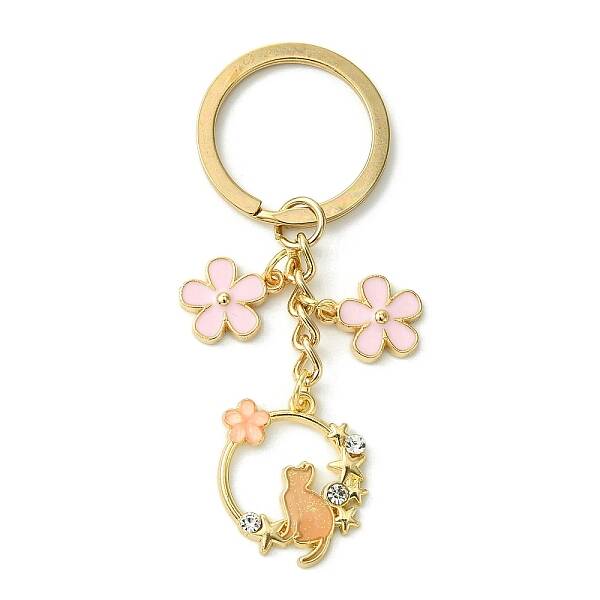 Cat & Flower Alloy Enamel with Rhinestone Keychain
