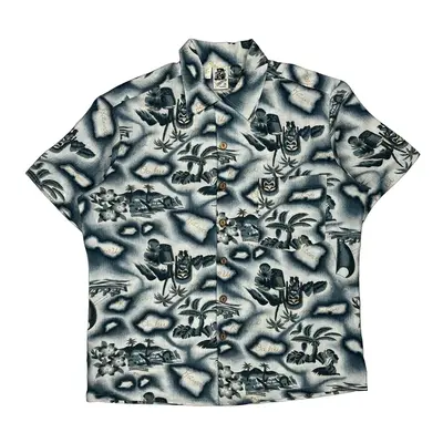 Kennington Graphic Hawaiian Shirt - Medium Blue Polyester Blend