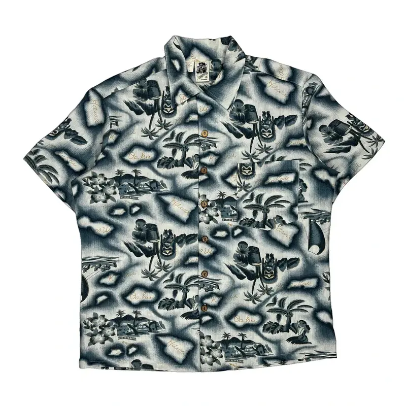 Kennington Graphic Hawaiian Shirt - Medium Blue Polyester Blend