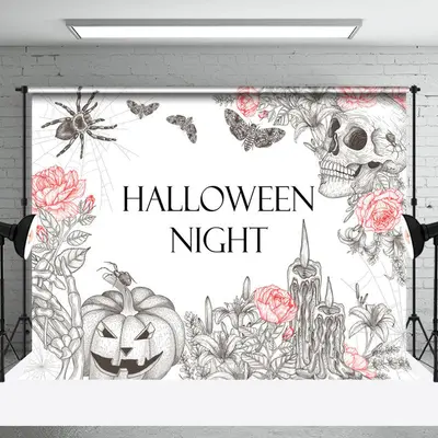Spider Wab Skull Floral Halloween Night Backdrop