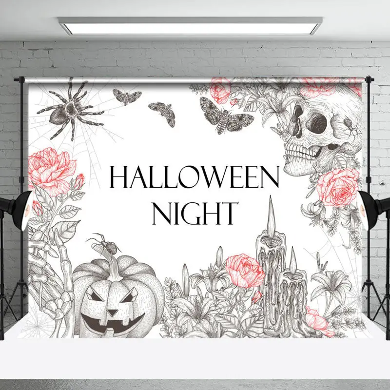 Spider Wab Skull Floral Halloween Night Backdrop