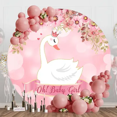 Oh Baby Girl Pink Swan Round Gender Reveal Backdrop