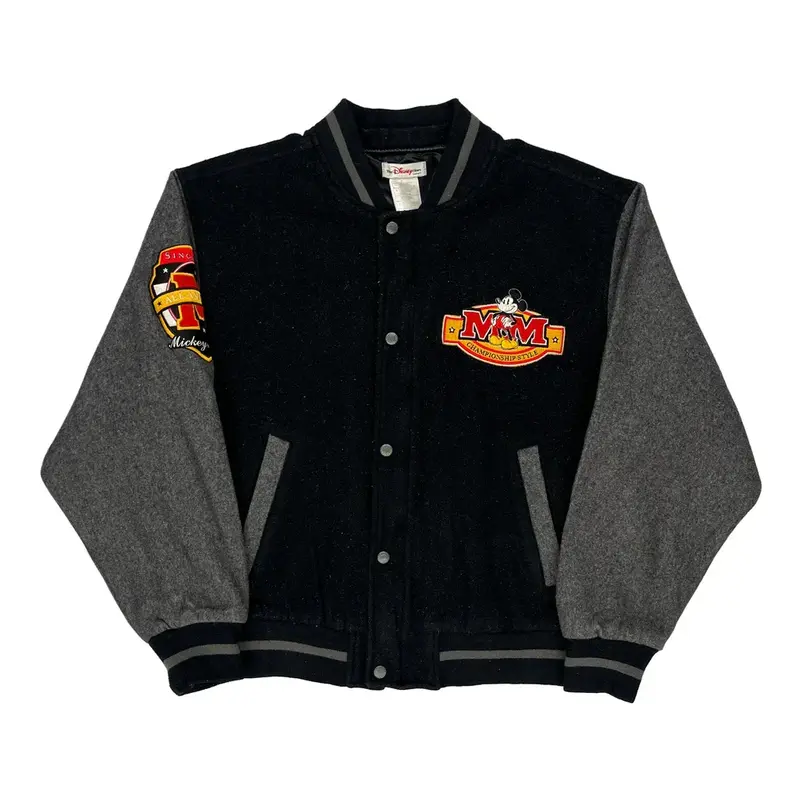 Mickey Mouse Disney Cartoon Varsity Jacket - Medium Black Wool Blend | Size: medium