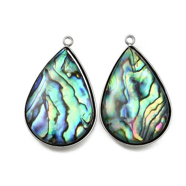 304 Stainless Steel Pave Natural Paua Shell Pendants
