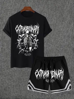 Two Counts Men's Graphic Drawstring Waist Design Two-piece Set, Casual Streetwear Regular Fit Short Sleeve T-shirt & Pocket S...