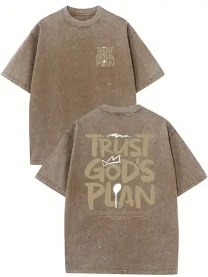 1 Piece, 230G Double-Sided Water Wash, Believe In God's Plan1 Piece, Washed Printed T-Shirt 230g, High-Quality Batik Cotton R...