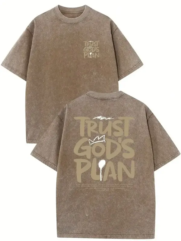 1 Piece, 230G Double-Sided Water Wash, Believe In God's Plan1 Piece, Washed Printed T-Shirt 230g, High-Quality Batik Cotton R...