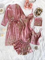 Women's Satin Pyjama, Long Sleeve Belted Robe & Cowl Neck Cami Night Dress & Backless Cami Top & Shorts & Storage Bag Set, Ca...