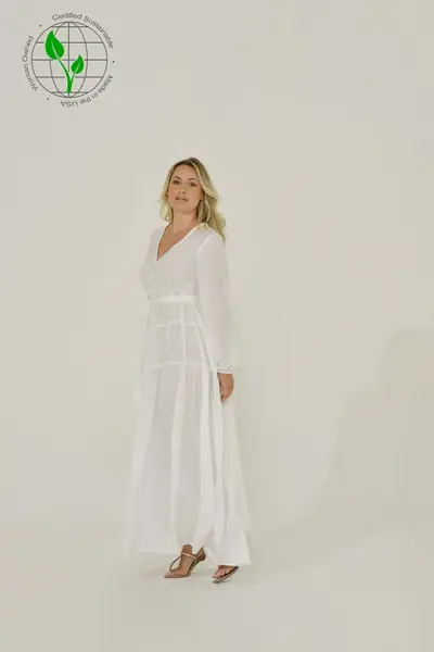 White French Chiffon Long Sleeve Maxi Dress | Size: M | Color: #f8f8ff