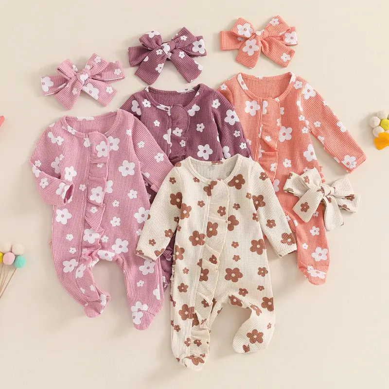 Newborn Baby Girl Fall Winter Outfits Clothes Knit Jumpsuit Ruffle Romper with Headband Newborn Coming Home Outfit for Baby G...