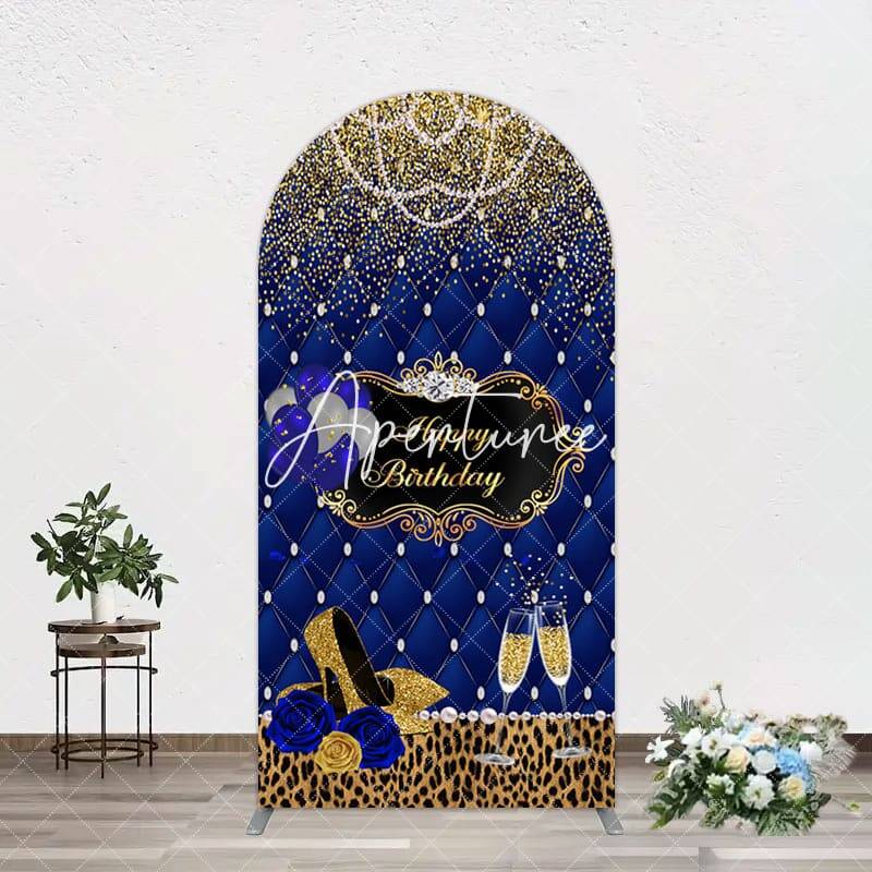 Aperturee Royal Blue Gold Glitter Rose Birthday Arch Backdrop, 1.6X4FT(0.5X1.2M), 38.18 USD, arch backdrop kit, GH0A268-A