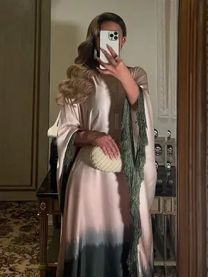 Women's Colorblock Fringe Trim Batwing Sleeve Kaftan Dress, Dresses for Women, Elegant Modest Long Sleeve Dress for Party Hol...