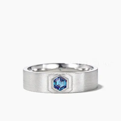 6mm Brushed Solitaire Men Band Hexagon Cut Color-change Alexandrite Ring
