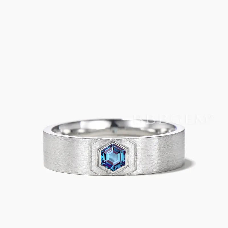 6mm Brushed Solitaire Men Band Hexagon Cut Color-change Alexandrite Ring
