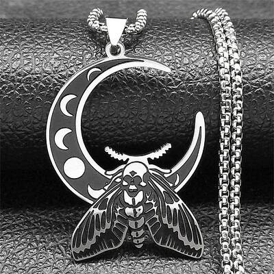 304 Stainless Steel Crescent Moon with Moth Pendant Box Chain Necklaces