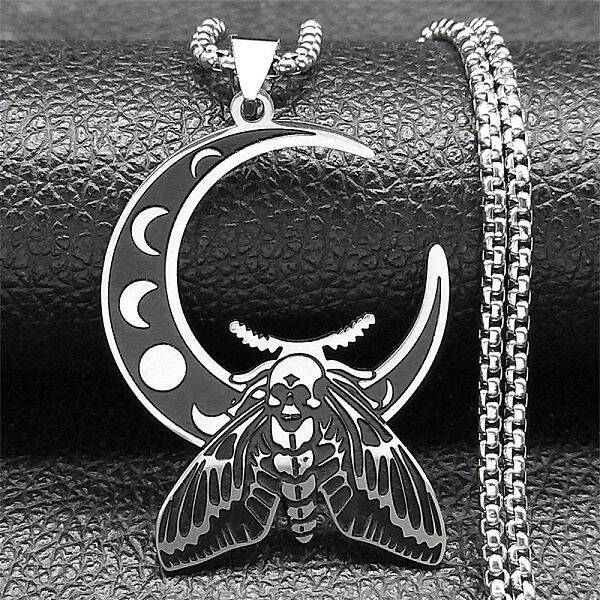304 Stainless Steel Crescent Moon with Moth Pendant Box Chain Necklaces