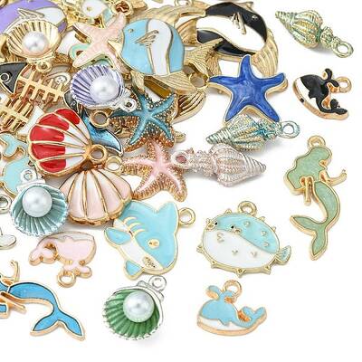 50Pcs 50 Styles Marine Animal Alloy Enamel Pendants