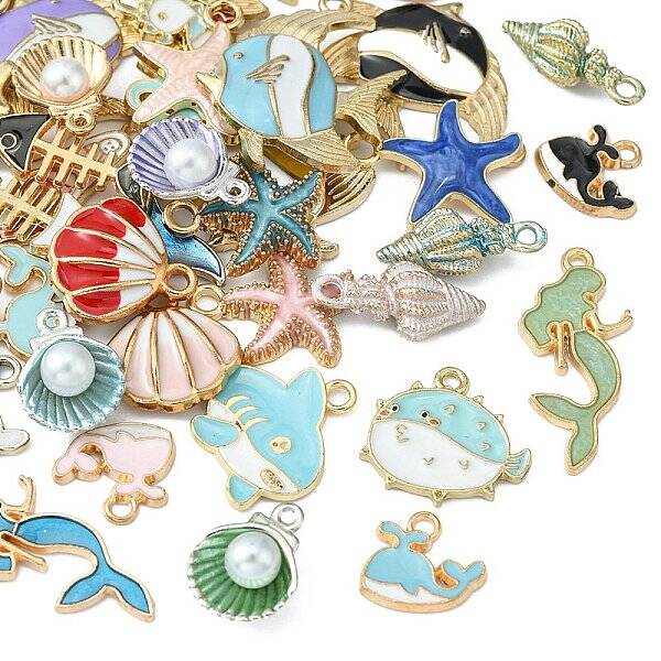 50Pcs 50 Styles Marine Animal Alloy Enamel Pendants
