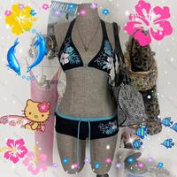 Best-selling Y2K retro flower print hottie without chest pad cute bikini split swimsuit set shorts in Europe and America