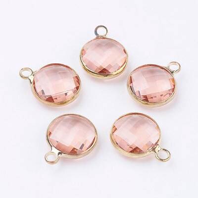 Golden Tone Brass Glass Flat Round Charms