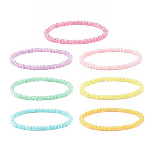 7Pcs 7 Colors Candy Colors Acrylic Round Beaded Stretch Bracelets Set for Women