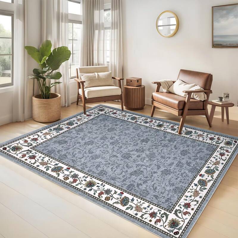 Garvee Floral Rugs 9x12 Washable Non Slip Area Rug for Living Room Bedroom Nursery Grey Vintage Geometric Low Pile