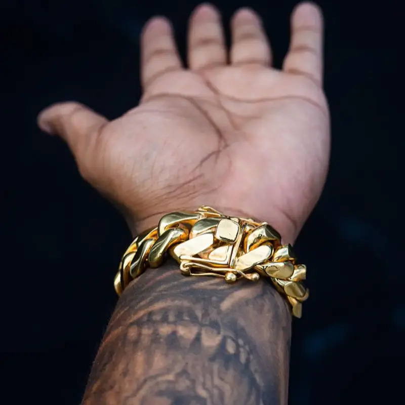Heavy Mens Soild Cuban Link Chain Bracelet Brass Stainless Steel Miami Bangle 18K Gold Plated Hip Hop Jewelry Gift