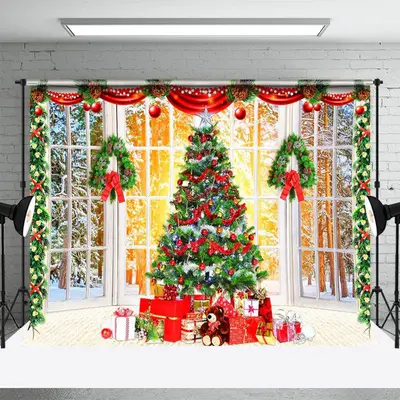 White Window Green Xmas Tree Christmas Backdrop - Aperturee
