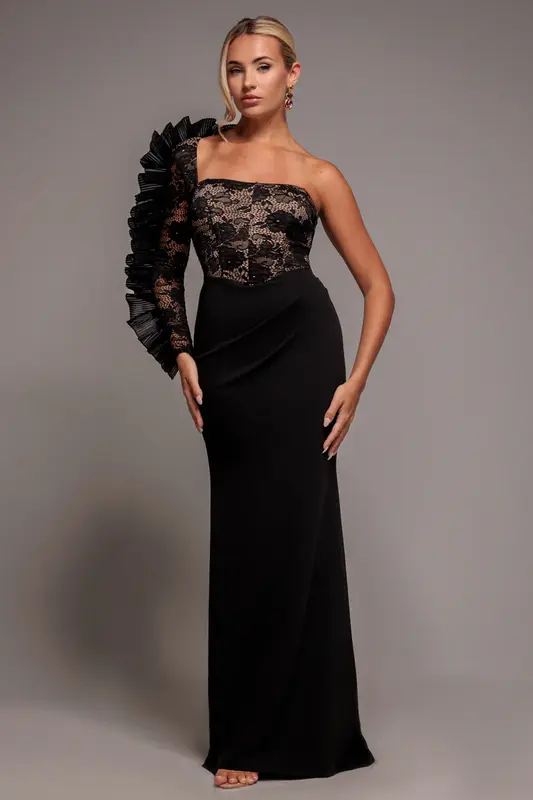 Goddiva One Shoulder Organza  Fan Detail Lace Bodice Maxi Dress - Black