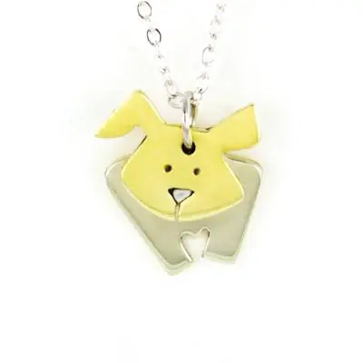 Dancing Dog Silver & Brass Necklace - with Rhodium Plated Chain