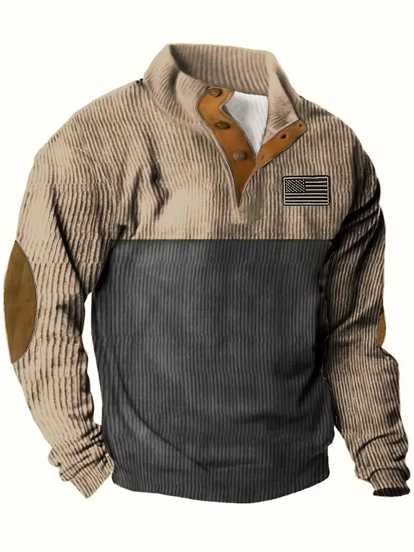 Men's Colorblock Patched Button Front Half Placket Pullover, Regular Fit Casual Long Sleeve Collared Sweatshirt for Spring & ...