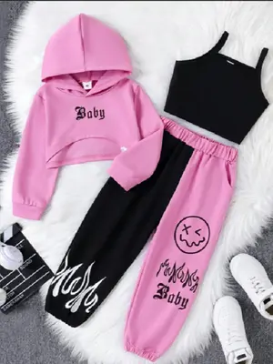 Three-Piece Set Girl's Letter Print Crop Hoodie & Plain Crop Cami Top & Colorblock Elastic Waist Sweatpants Set, Street Asymm...