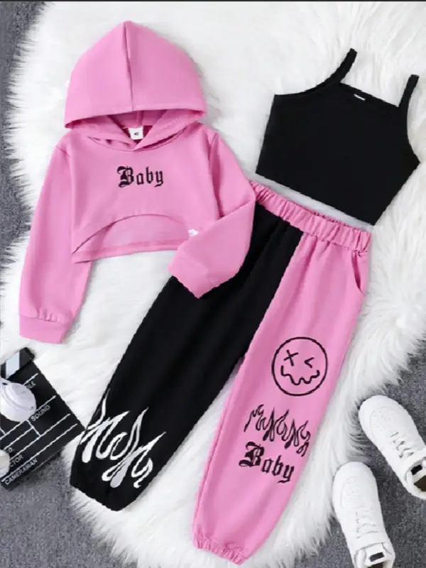 Three-Piece Set Girl's Letter Print Crop Hoodie & Plain Crop Cami Top & Colorblock Elastic Waist Sweatpants Set, Street Asymm...
