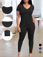 Women's Solid V Neck Shortsleeve Tee & Skinny Pants Two-piece Set, Basic Casual Comfy Fitted Short Sleeve T-shirt & Pants for...