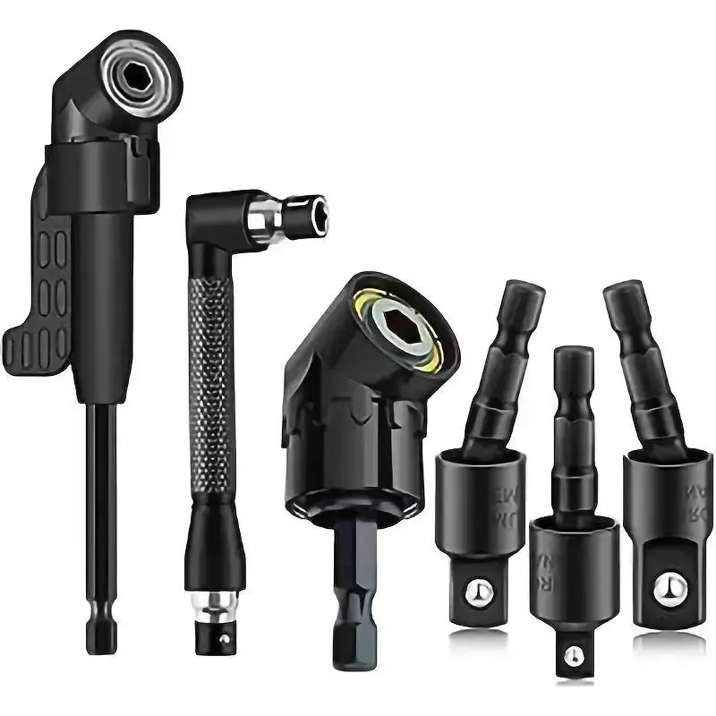 Right Angle Drill Attachment Set, 360° Rotatable Socket Adapters, 2 Hex Shank Drill Adapters, 90° Bevel Drill Bits Included