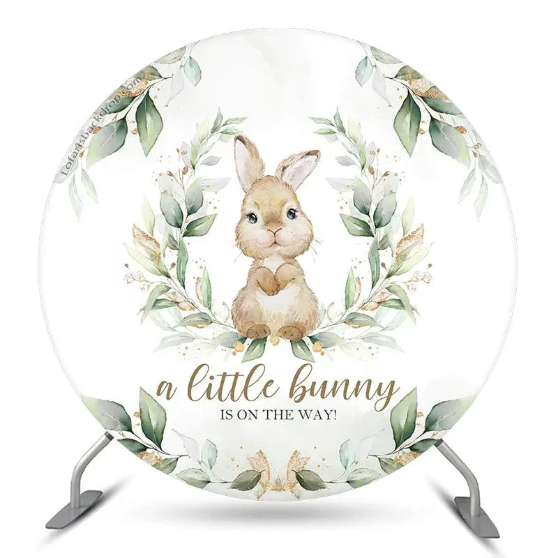 Aperturee Little Bunny Green Leaves Round Baby Shower Backdrop | Round Backdrop Baby Shower | Round Backdrop Fabric Cover | B...