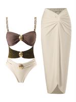 Women's Cut Out Ruched One-piece Swimsuit & Knot Side Cover Up Skirt Set, Solid Sleeveless Swim Top & Cover Up Skirt, Ladies ...