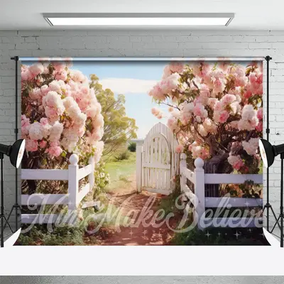 Spring Green Field White Fence Pink Spring Backdrop - Aperturee