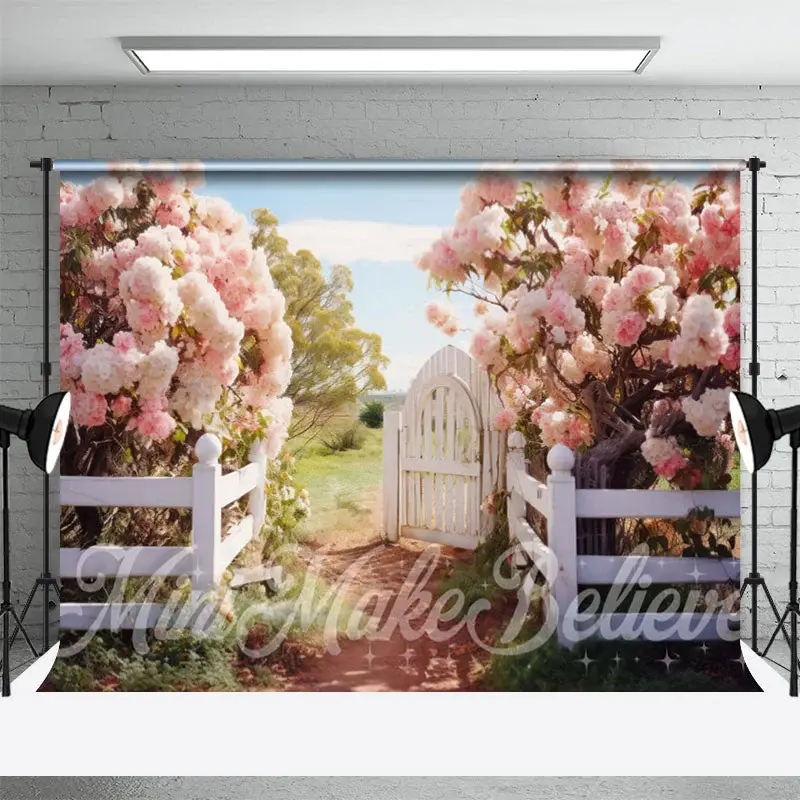Spring Green Field White Fence Pink Spring Backdrop - Aperturee