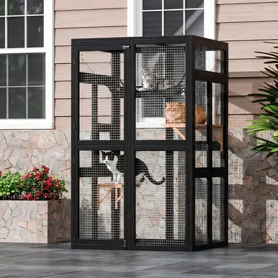 Garvee Spacious Outdoor Wooden Cat Cage, Weatherproof Roof, 2 Platforms, Hammock, Walk-In Window Access, Multi-Cat Catio Encl...