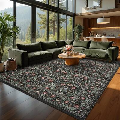 Garvee Washable 8x10 Area Rug Vintage Floral Brown Non-Slip Low Pile Stain Resistant Soft Large Carpet for Living Room Bedroo...