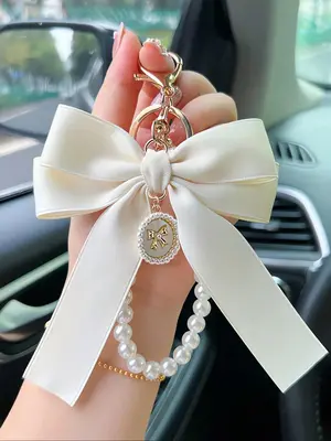 Cute Bowknot Design Bag Keychain, Faux Pearl Decorated Bracelet Keychain, Fashionable Bag Charm for Women & Girls, Bag Access...