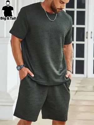 ćPlus Sizeć Two-Piece SetĀ Men's SolidĀ Waffle Knit Short Sleeve Tee & Pocket Shorts Set, Regular Fit Casual Round Neck T...