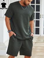 【plus Size】two-piece Set Men's Solid Waffle Knit Short Sleeve Tee & Pocket Shorts Set, Regular Fit Casual Round Neck Shor...