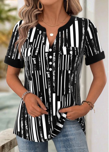 Modlily Black Geometric Print Short Sleeve Split Neck Blouse - M