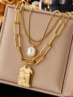 Punk Face Detail Geometric Shaped Charm Pendant Necklace for Gift, Stainless Steel Triple Layer Jewelry, Fashion All-match Ac...