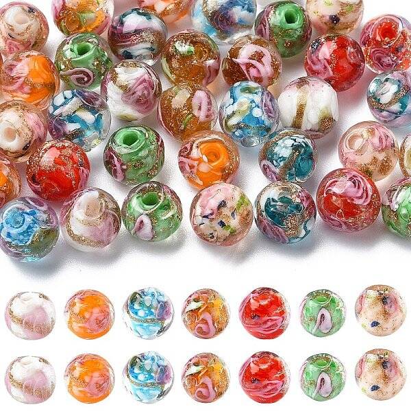 40Pcs 8 Colors Handmade Gold Sand Lampwork Beads
